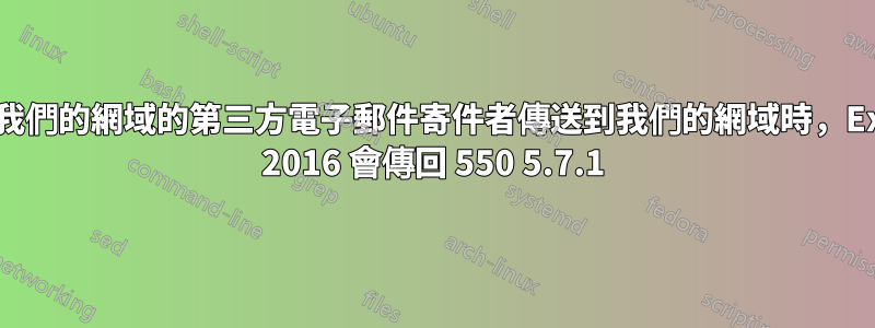 使用代表我們的網域的第三方電子郵件寄件者傳送到我們的網域時，Exchange 2016 會傳回 550 5.7.1