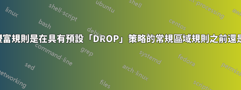 防火牆中的豐富規則是在具有預設「DROP」策略的常規區域規則之前還是之後套用？