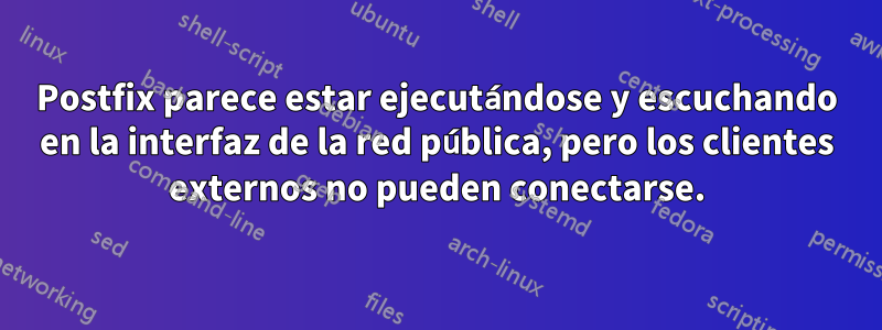 Postfix parece estar ejecutándose y escuchando en la interfaz de la red pública, pero los clientes externos no pueden conectarse.