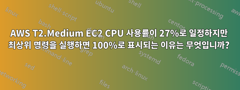 AWS T2.Medium EC2 CPU 사용률이 27%로 일정하지만 최상위 명령을 실행하면 100%로 표시되는 이유는 무엇입니까?