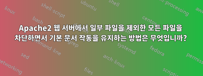 Apache2 웹 서버에서 일부 파일을 제외한 모든 파일을 차단하면서 기본 문서 작동을 유지하는 방법은 무엇입니까?