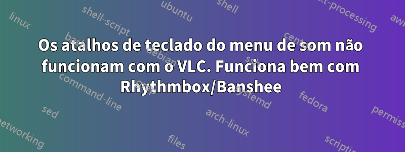 Os atalhos de teclado do menu de som não funcionam com o VLC. Funciona bem com Rhythmbox/Banshee
