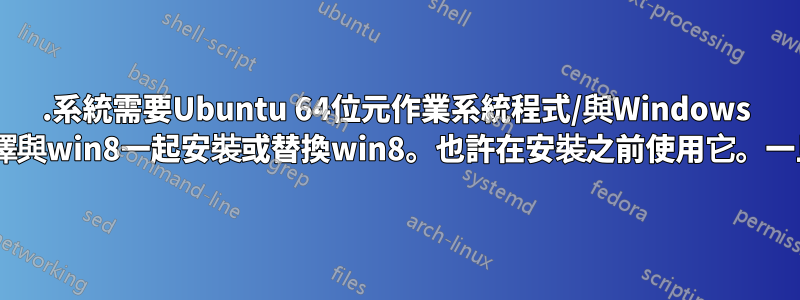 1.系統需要Ubuntu 64位元作業系統程式/與Windows 8相容。將其寫入光碟並選擇與win8一起安裝或替換win8。也許在安裝之前使用它。一旦你習慣了它就會很好用。