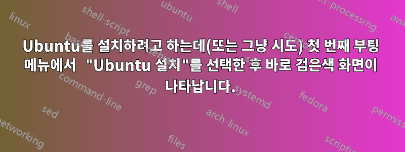 Ubuntu를 설치하려고 하는데(또는 그냥 시도) 첫 번째 부팅 메뉴에서 "Ubuntu 설치"를 선택한 후 바로 검은색 화면이 나타납니다.