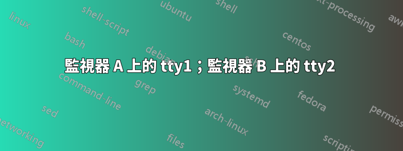 監視器 A 上的 tty1；監視器 B 上的 tty2