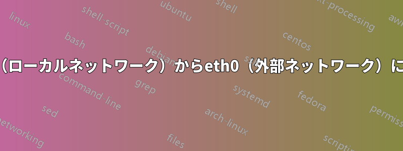 ubuntuがDHCPサーバーであるeth1（ローカルネットワーク）からeth0（外部ネットワーク）にトラフィックをルーティングします。