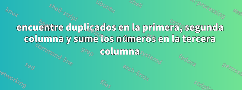 encuentre duplicados en la primera, segunda columna y sume los números en la tercera columna