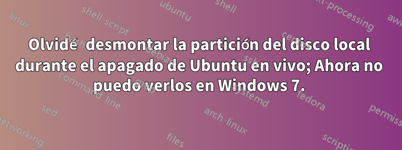 Olvidé desmontar la partición del disco local durante el apagado de Ubuntu en vivo; Ahora no puedo verlos en Windows 7.