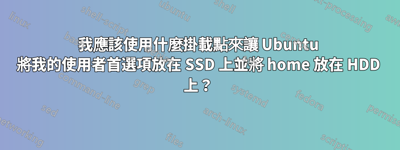 我應該使用什麼掛載點來讓 Ubuntu 將我的使用者首選項放在 SSD 上並將 home 放在 HDD 上？