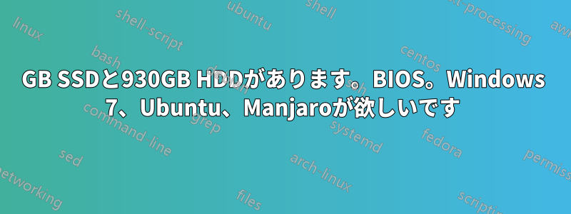 120GB SSDと930GB HDDがあります。BIOS。Windows 7、Ubuntu、Manjaroが欲しいです