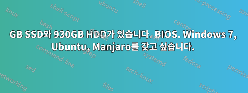 120GB SSD와 930GB HDD가 있습니다. BIOS. Windows 7, Ubuntu, Manjaro를 갖고 싶습니다.