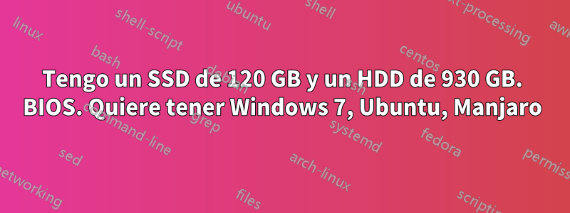 Tengo un SSD de 120 GB y un HDD de 930 GB. BIOS. Quiere tener Windows 7, Ubuntu, Manjaro