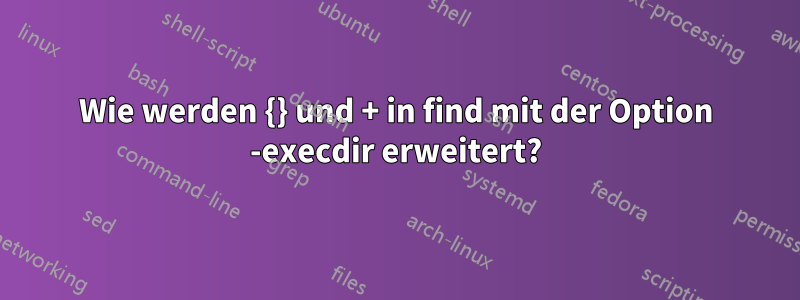 Wie werden {} und + in find mit der Option -execdir erweitert?