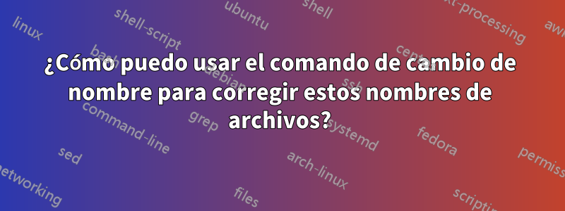 ¿Cómo puedo usar el comando de cambio de nombre para corregir estos nombres de archivos?