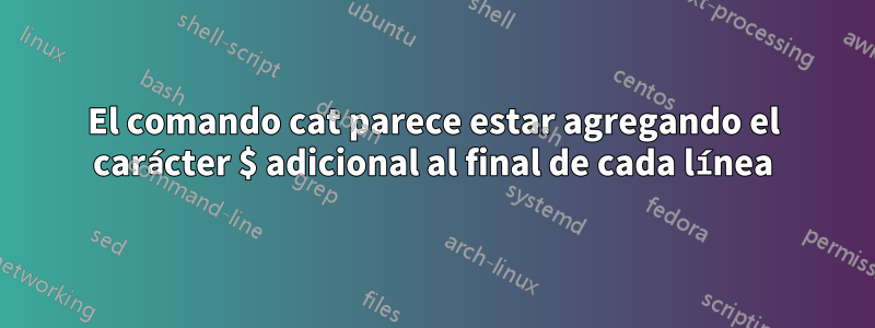 El comando cat parece estar agregando el carácter $ adicional al final de cada línea