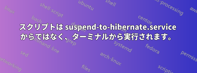 スクリプトは suspend-to-hibernate.service からではなく、ターミナルから実行されます。