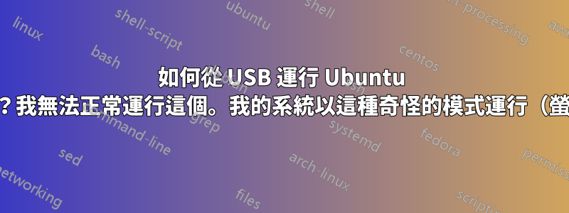 如何從 USB 運行 Ubuntu 安裝程式？我無法正常運行這個。我的系統以這種奇怪的模式運行（螢幕截圖）