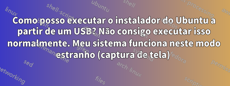 Como posso executar o instalador do Ubuntu a partir de um USB? Não consigo executar isso normalmente. Meu sistema funciona neste modo estranho (captura de tela) 