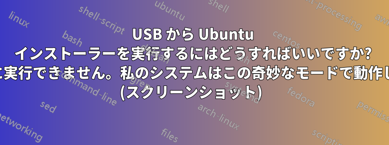 USB から Ubuntu インストーラーを実行するにはどうすればいいですか? 正常に実行できません。私のシステムはこの奇妙なモードで動作します (スクリーンショット) 