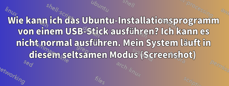 Wie kann ich das Ubuntu-Installationsprogramm von einem USB-Stick ausführen? Ich kann es nicht normal ausführen. Mein System läuft in diesem seltsamen Modus (Screenshot) 