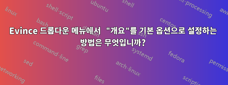 Evince 드롭다운 메뉴에서 "개요"를 기본 옵션으로 설정하는 방법은 무엇입니까?