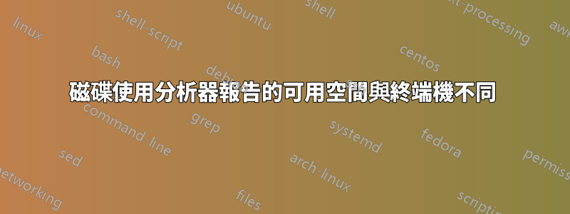 磁碟使用分析器報告的可用空間與終端機不同