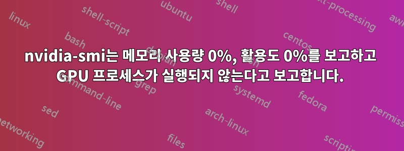 nvidia-smi는 메모리 사용량 0%, 활용도 0%를 보고하고 GPU 프로세스가 실행되지 않는다고 보고합니다.