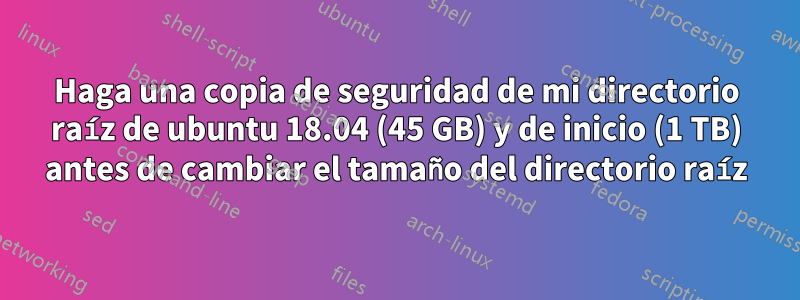 Haga una copia de seguridad de mi directorio raíz de ubuntu 18.04 (45 GB) y de inicio (1 TB) antes de cambiar el tamaño del directorio raíz