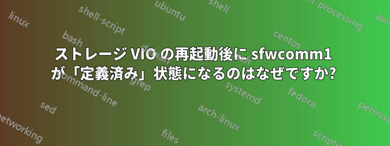 ストレージ VIO の再起動後に sfwcomm1 が「定義済み」状態になるのはなぜですか?