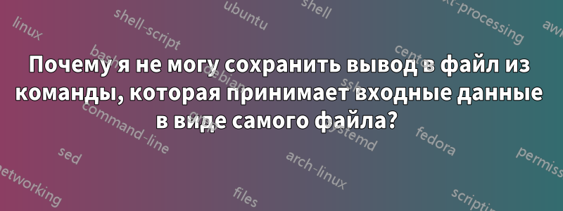 Почему я не могу сохранить вывод в файл из команды, которая принимает входные данные в виде самого файла? 