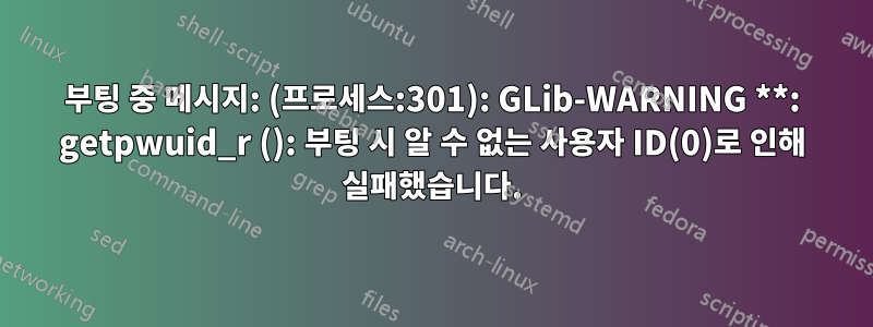 부팅 중 메시지: (프로세스:301): GLib-WARNING **: getpwuid_r (): 부팅 시 알 수 없는 사용자 ID(0)로 인해 실패했습니다.