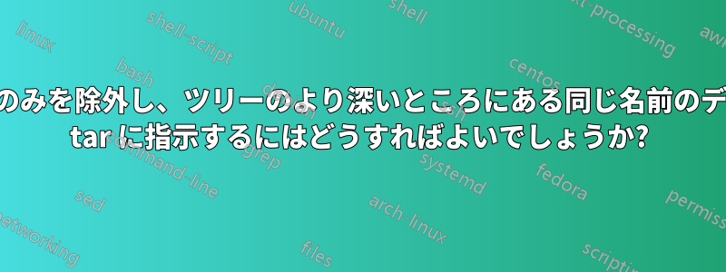 ルートから外れたディレクトリのみを除外し、ツリーのより深いところにある同じ名前のディレクトリは除外しないように tar に指示するにはどうすればよいでしょうか?