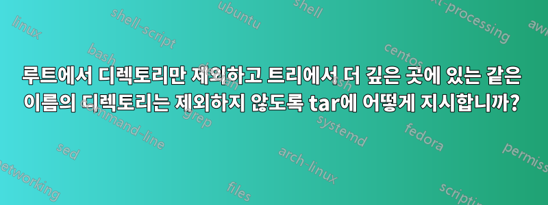 루트에서 디렉토리만 제외하고 트리에서 더 깊은 곳에 있는 같은 이름의 디렉토리는 제외하지 않도록 tar에 어떻게 지시합니까?