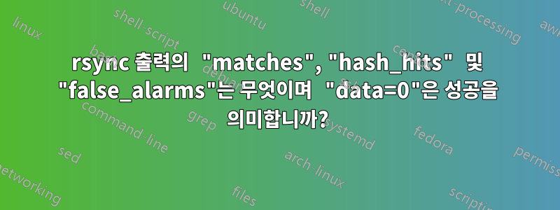 rsync 출력의 "matches", "hash_hits" 및 "false_alarms"는 무엇이며 "data=0"은 성공을 의미합니까?