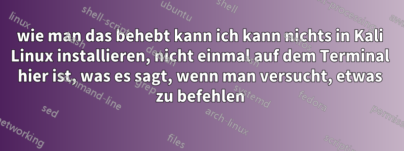 wie man das behebt kann ich kann nichts in Kali Linux installieren, nicht einmal auf dem Terminal hier ist, was es sagt, wenn man versucht, etwas zu befehlen