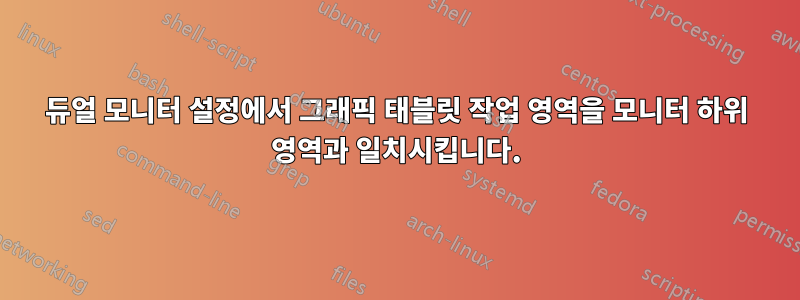 듀얼 모니터 설정에서 그래픽 태블릿 작업 영역을 모니터 하위 영역과 일치시킵니다.