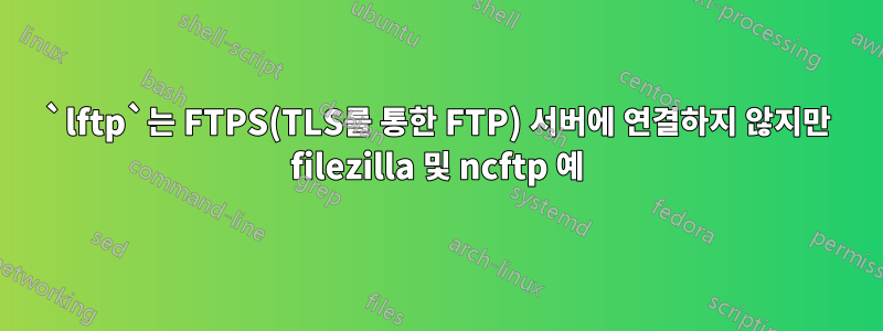 `lftp`는 FTPS(TLS를 통한 FTP) 서버에 연결하지 않지만 filezilla 및 ncftp 예