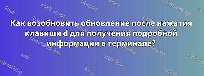 Как возобновить обновление после нажатия клавиши d для получения подробной информации в терминале?