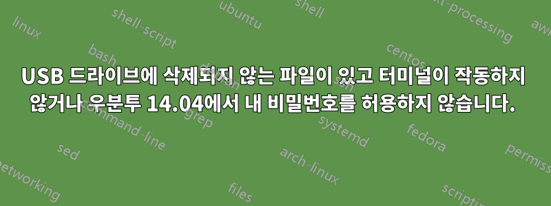 USB 드라이브에 삭제되지 않는 파일이 있고 터미널이 작동하지 않거나 우분투 14.04에서 내 비밀번호를 허용하지 않습니다.